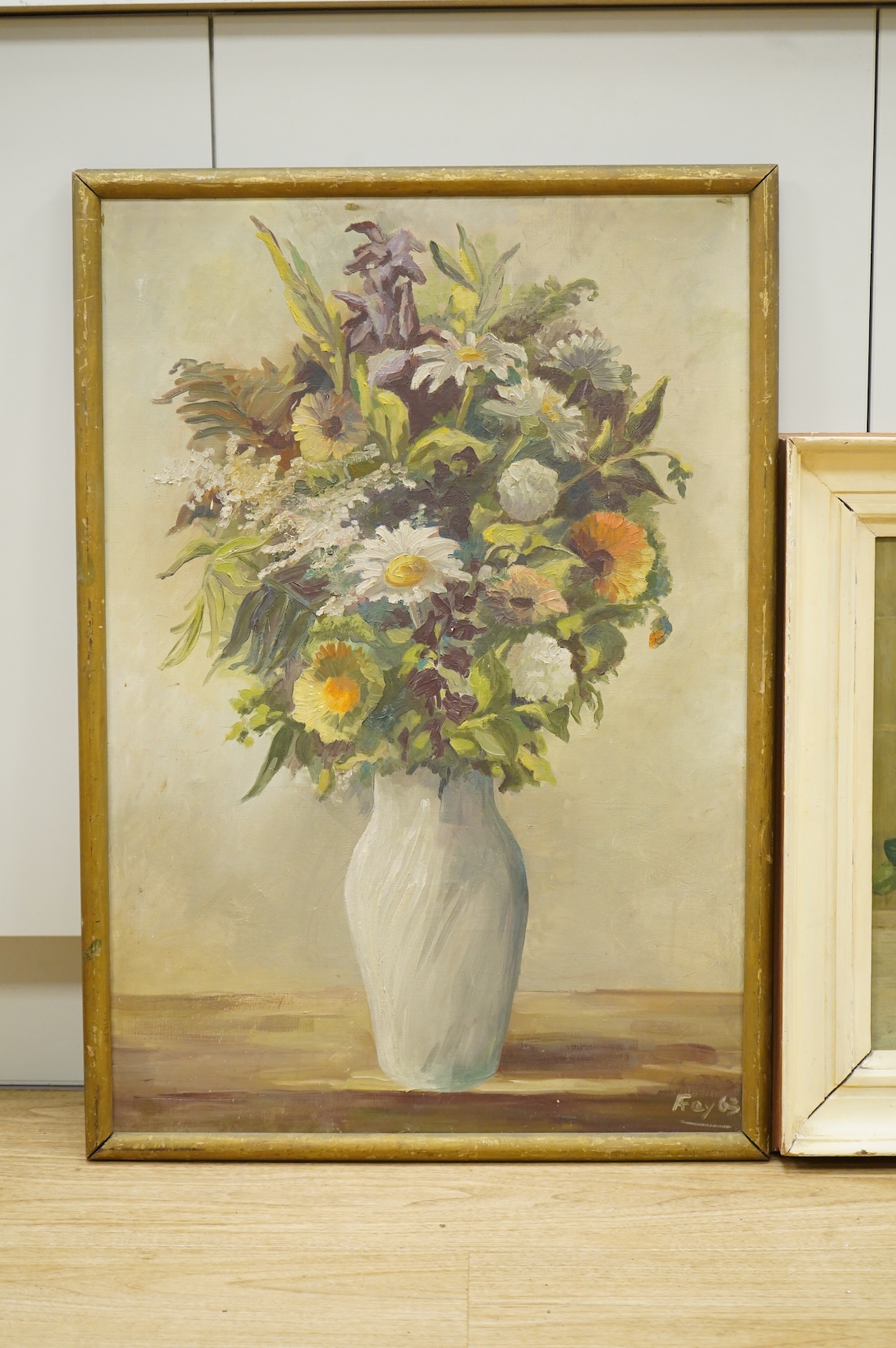 A. Foy, Still life of flowers in a vase, signed and dated '63, mid century oil on canvas, together with a similar still life on board, largest 71 x 48cm